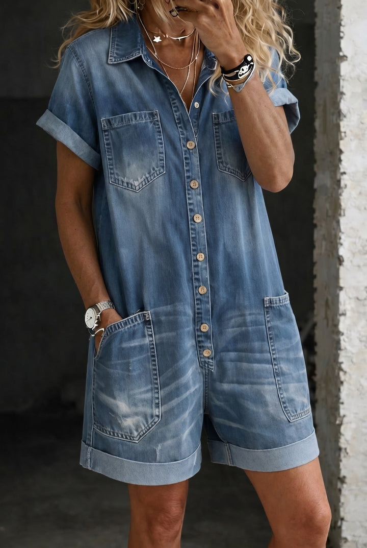 Cropped Denim Jumpsuit with Relaxed Fit and Patch Pockets