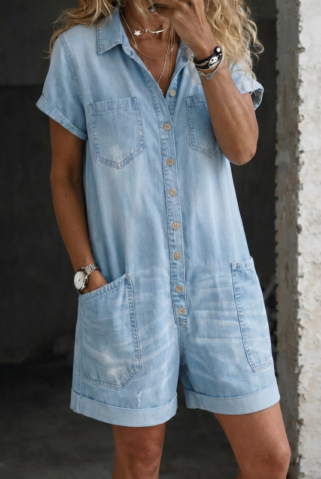 Cropped Denim Jumpsuit with Relaxed Fit and Patch Pockets
