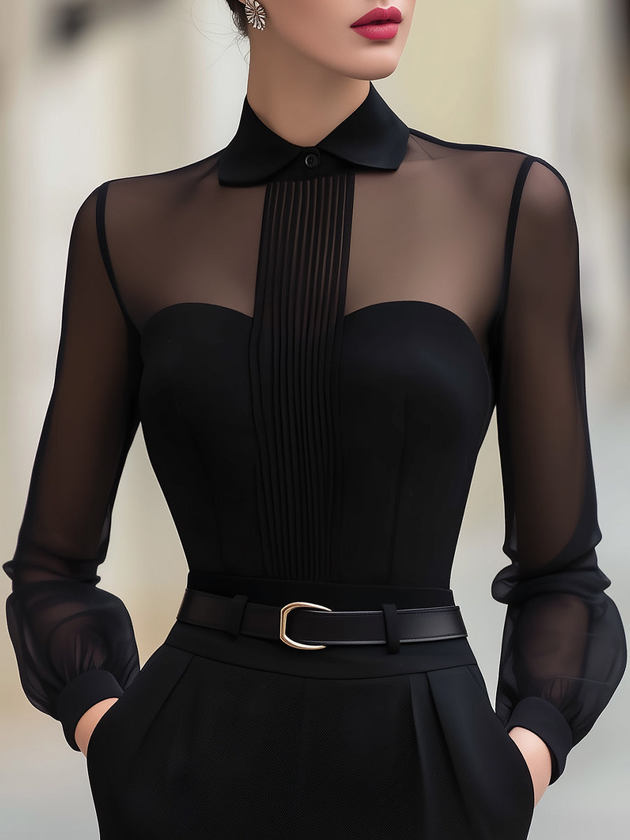 Women's Long-Sleeve Shirt with Collar and Cotton Blend, Over-Hip Length