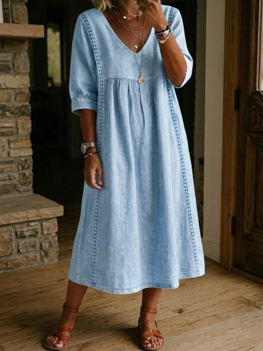 Women's Denim Dress with Lace Trim and V-Neckline, Loose Fit