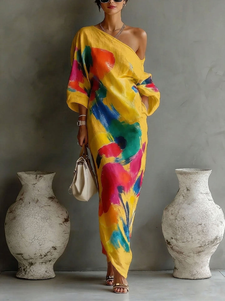 Women's V-Neck Maxi Dress with Long Sleeves and Side Pocket, Cotton Linen Blend