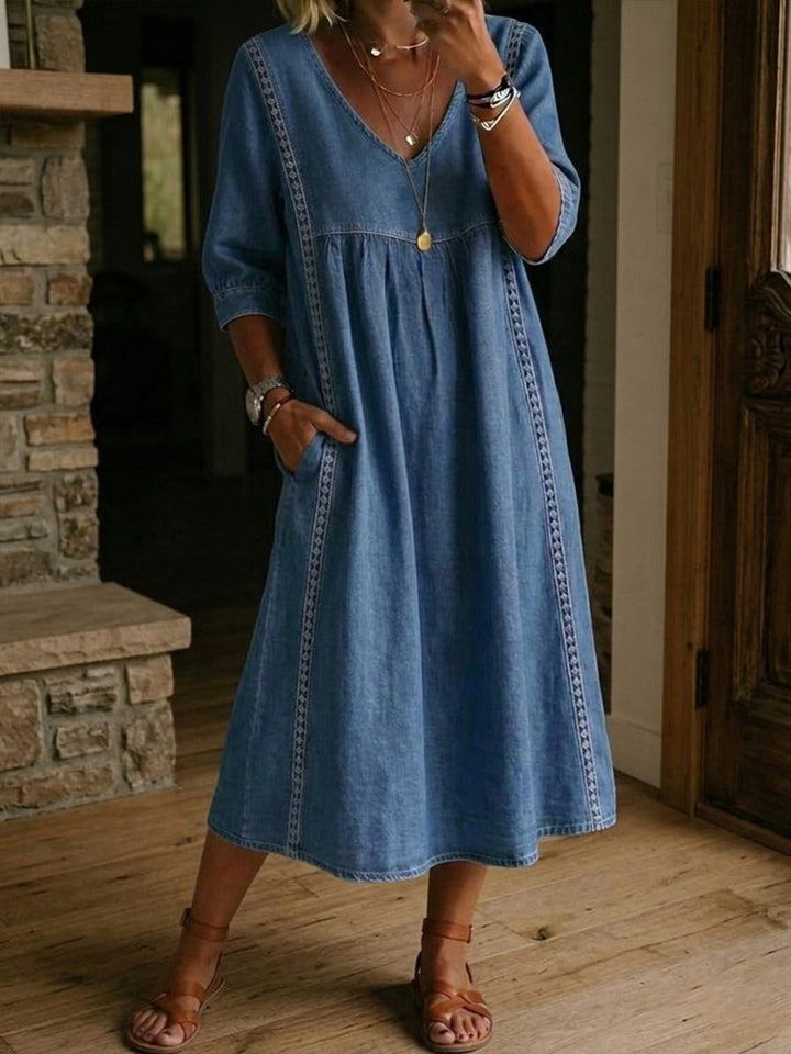 Women's Denim Dress with Lace Trim and V-Neckline, Loose Fit