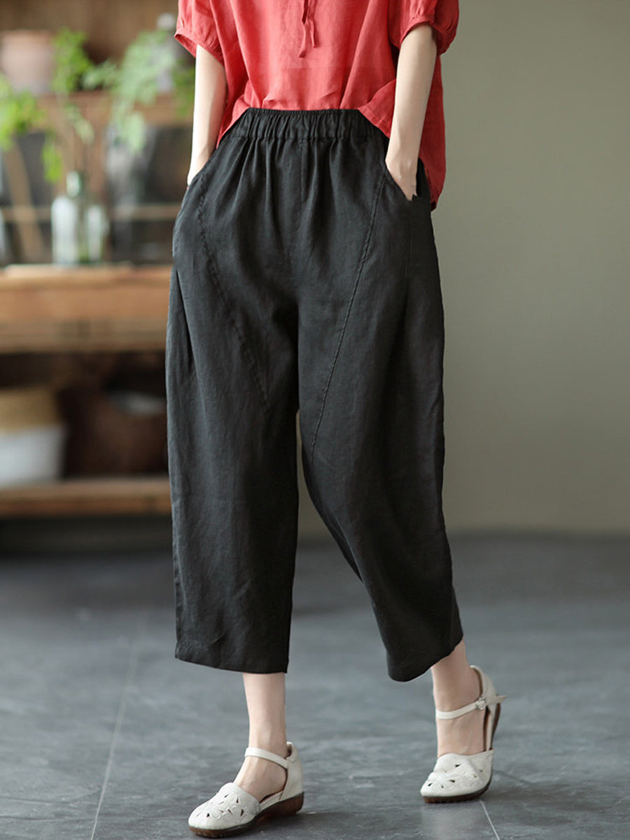 Wide-Leg Linen-Blend Trousers with Elastic Waistband and Front Pleating