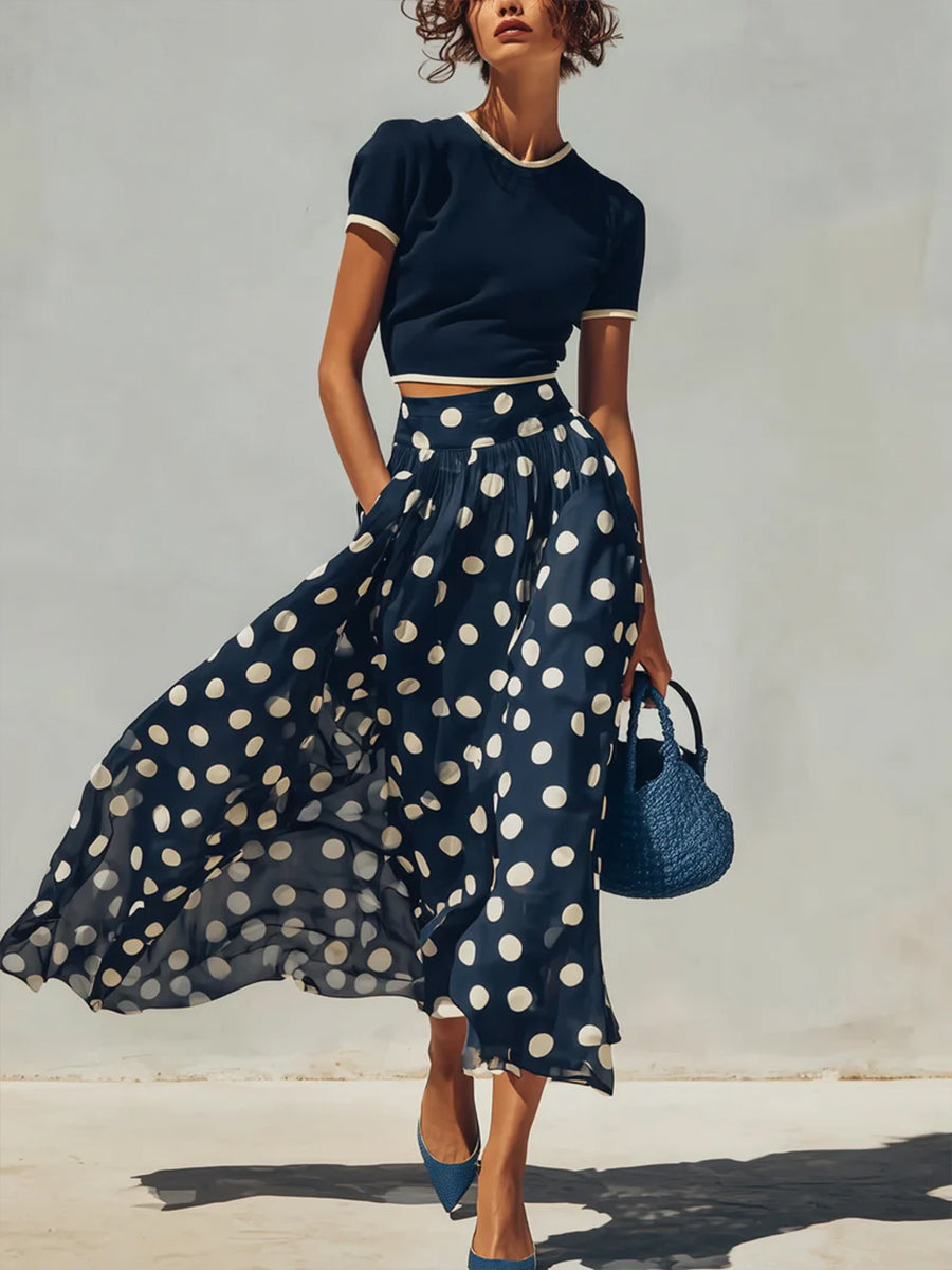 Cotton Two-Piece Set with Short Sleeve Top and Elastic Waist Skirt