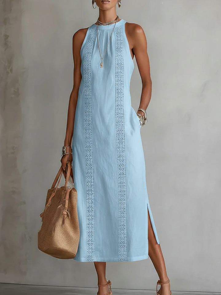 Sleeveless Midi Dress with Mao Collar and Cotton-Linen Blend, Side Pockets