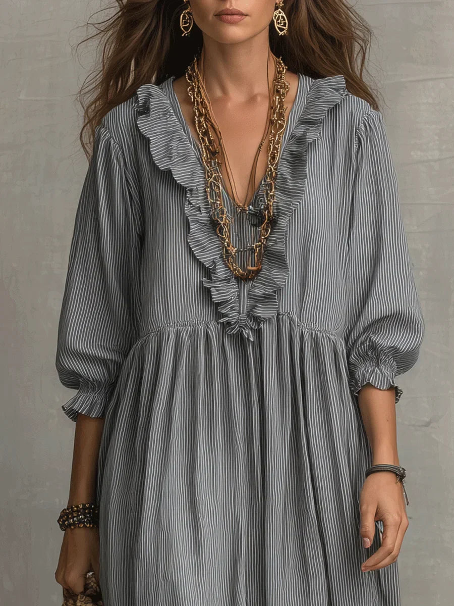 Striped Maxi Dress with Three-Quarter Sleeves and Ruffled Hem, Cotton Linen Blend