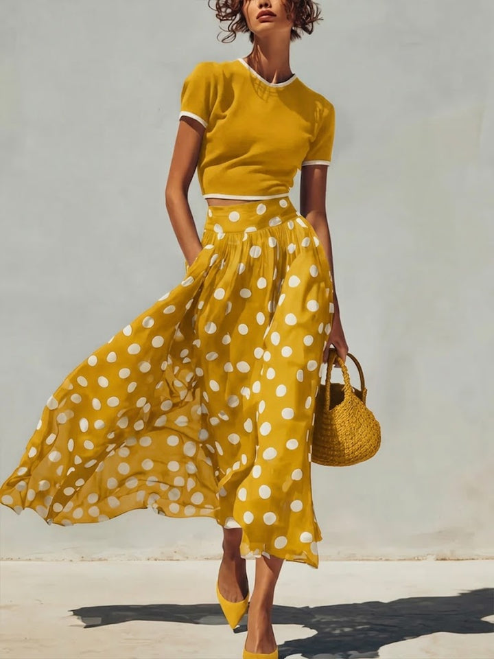 Cotton Two-Piece Set with Short Sleeve Top and Elastic Waist Skirt