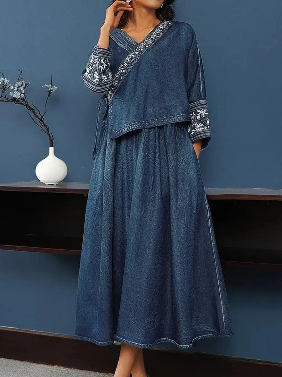 Women's V-Neck Cotton Top and Skirt Set with Elastic Waistband, Long Sleeve