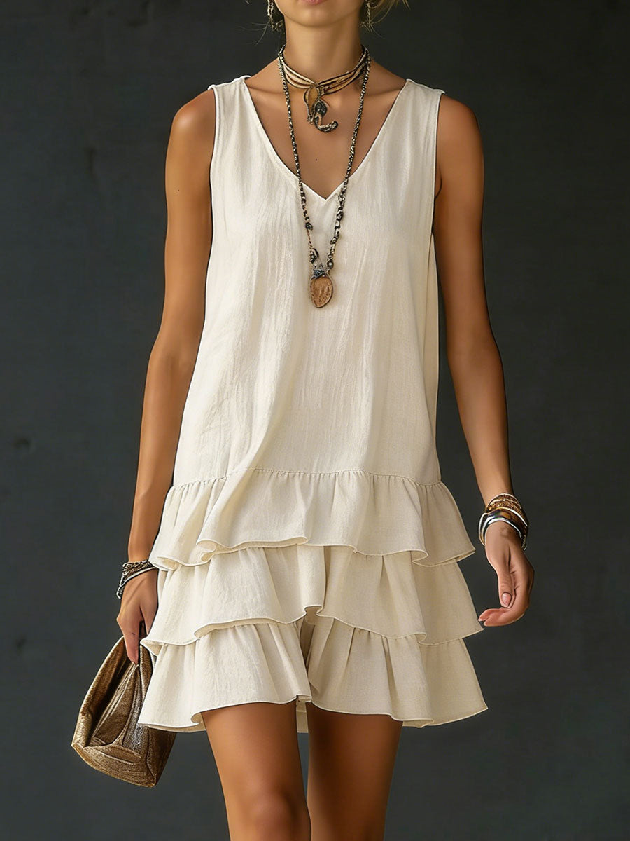 Women's V-Neck Sleeveless Dress with Natural Fiber Blend and Side Pockets