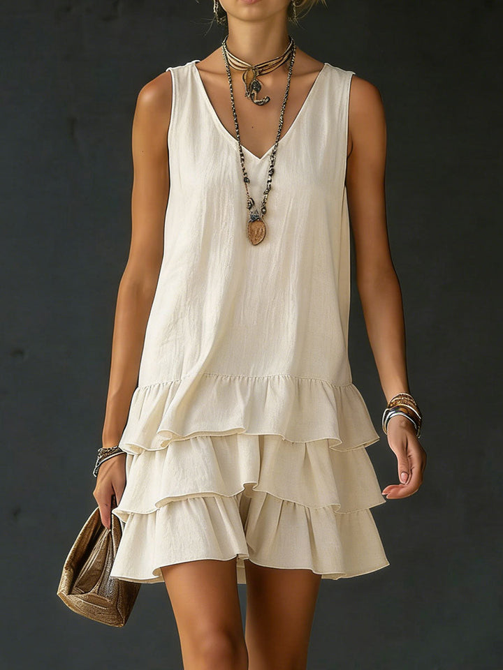 Women's V-Neck Sleeveless Dress with Natural Fiber Blend and Side Pockets