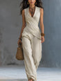 Women's Sleeveless Cross-Wrapped Top and Wide-Leg Pants Set in Linen Blend