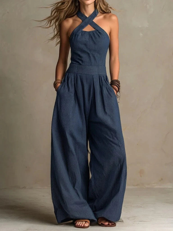 Wide-Leg Jumpsuit with Crossover Neckline and Structured Waist