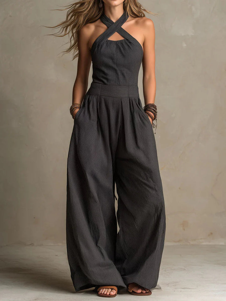 Wide-Leg Jumpsuit with Crossover Neckline and Structured Waist
