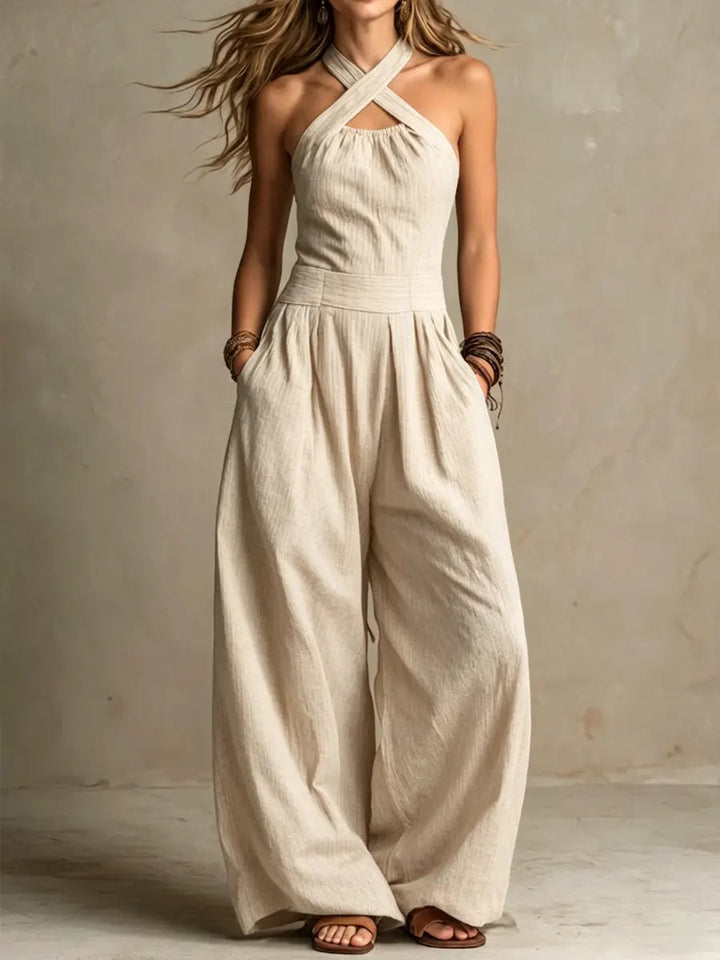 Wide-Leg Jumpsuit with Crossover Neckline and Structured Waist