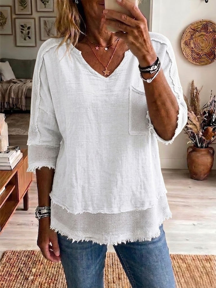 Women's V-Neck Top with Cotton-Linen Blend and Short Sleeves
