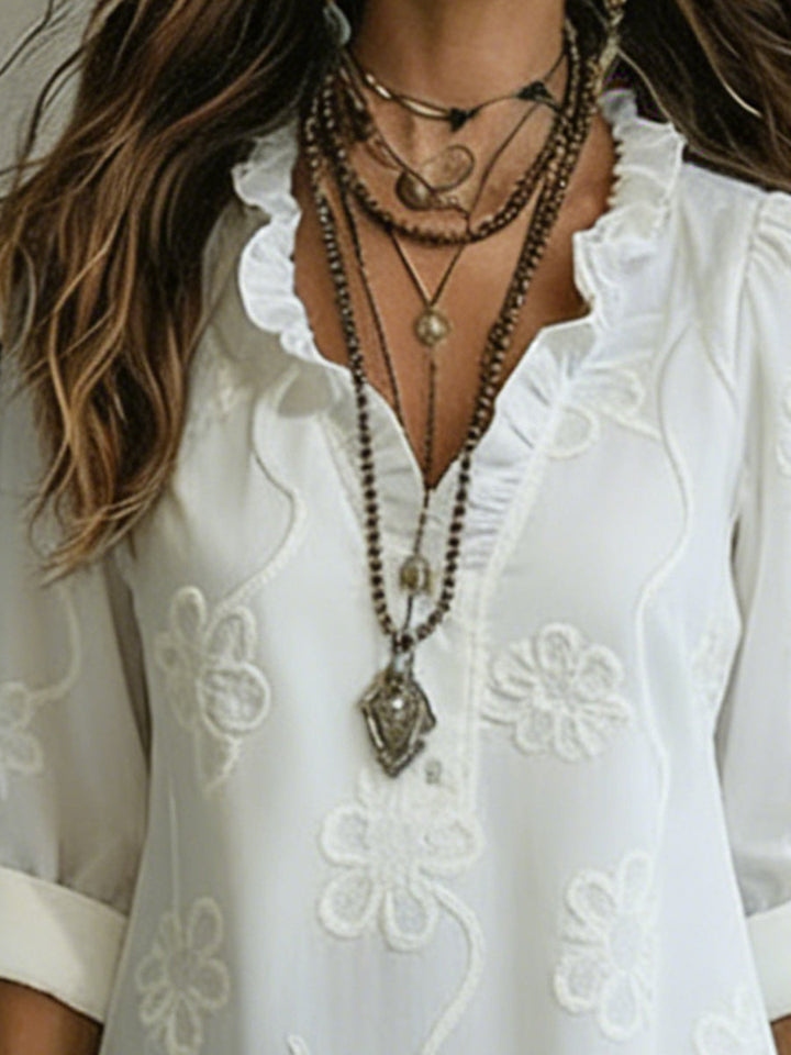 Midi Dress with Floral Embroidery and Long Sleeves, V-Neck Wave Design