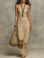 Women's Halter Maxi Dress with Cotton-Linen Blend and Side Pockets