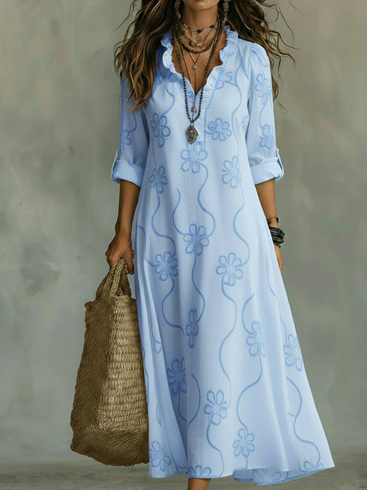 Floral Embroidered Midi Dress with V-Neck Wavy Collar and Long Sleeves