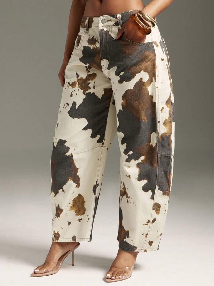Women's High-Rise Wide-Leg Jeans with Cow-Print Design