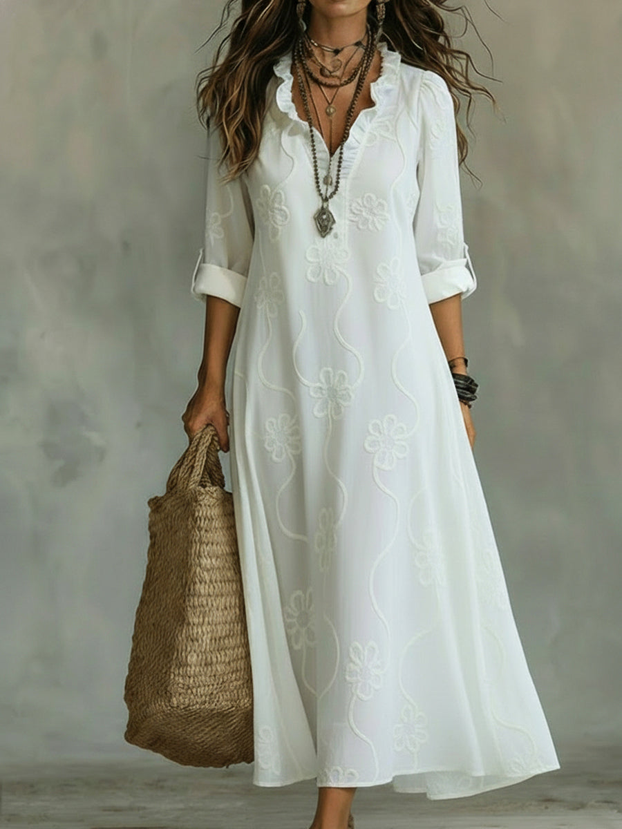 Midi Dress with Floral Embroidery and Long Sleeves, V-Neck Wave Design