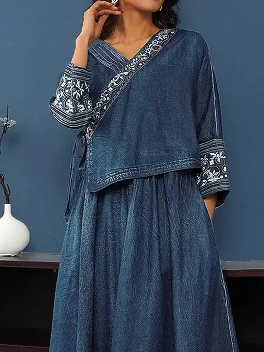 Women's V-Neck Cotton Top and Skirt Set with Elastic Waistband, Long Sleeve