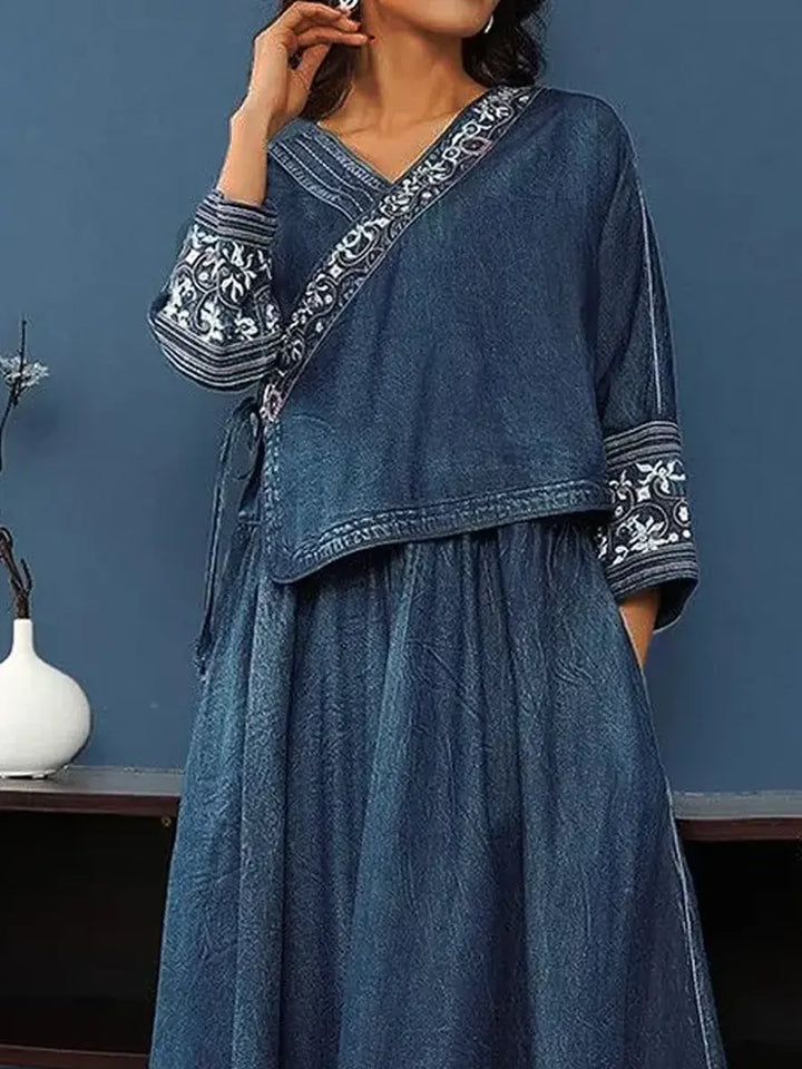 Women's V-Neck Cotton Top and Skirt Set with Elastic Waistband, Long Sleeve