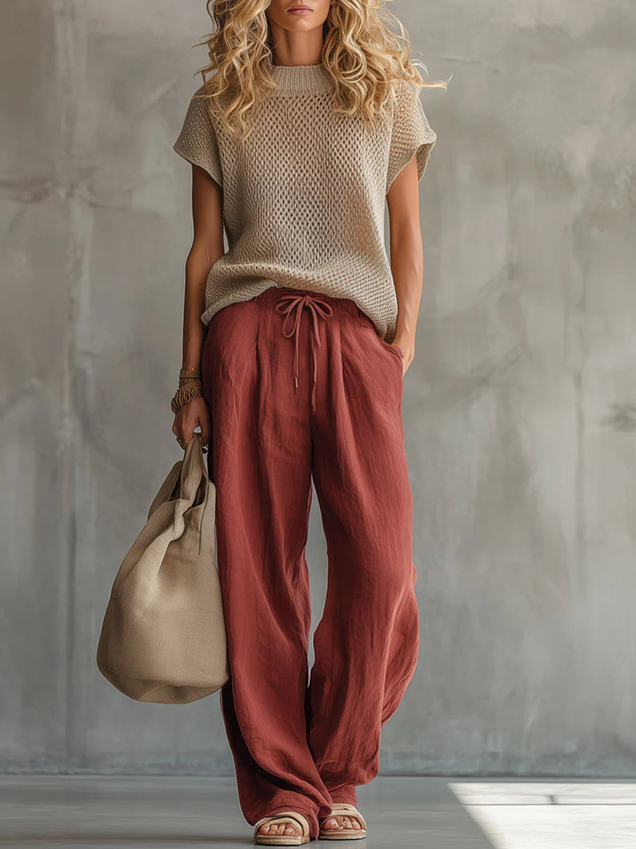 Cotton Linen Blend Two-Piece Set with Short Sleeve Top and Elastic Waist Pants