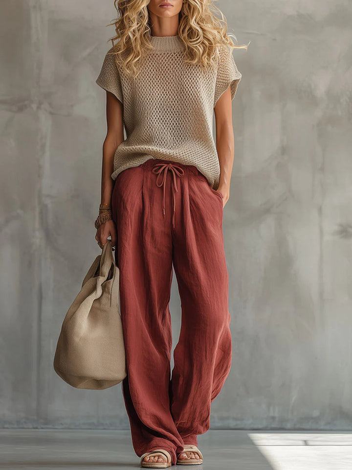 Cotton Linen Blend Two-Piece Set with Short Sleeve Top and Elastic Waist Pants