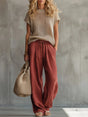 Cotton Linen Blend Two-Piece Set with Short Sleeve Top and Elastic Waist Pants