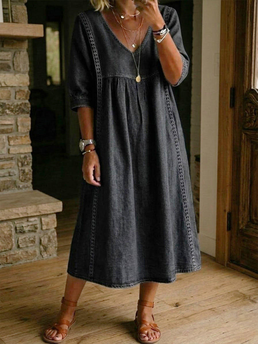 Women's Denim Dress with Lace Trim and V-Neckline, Loose Fit