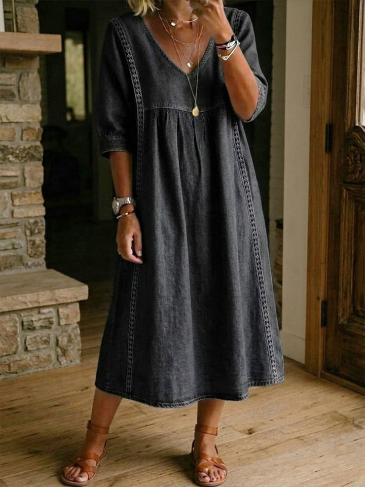 Women's Denim Dress with Lace Trim and V-Neckline, Loose Fit
