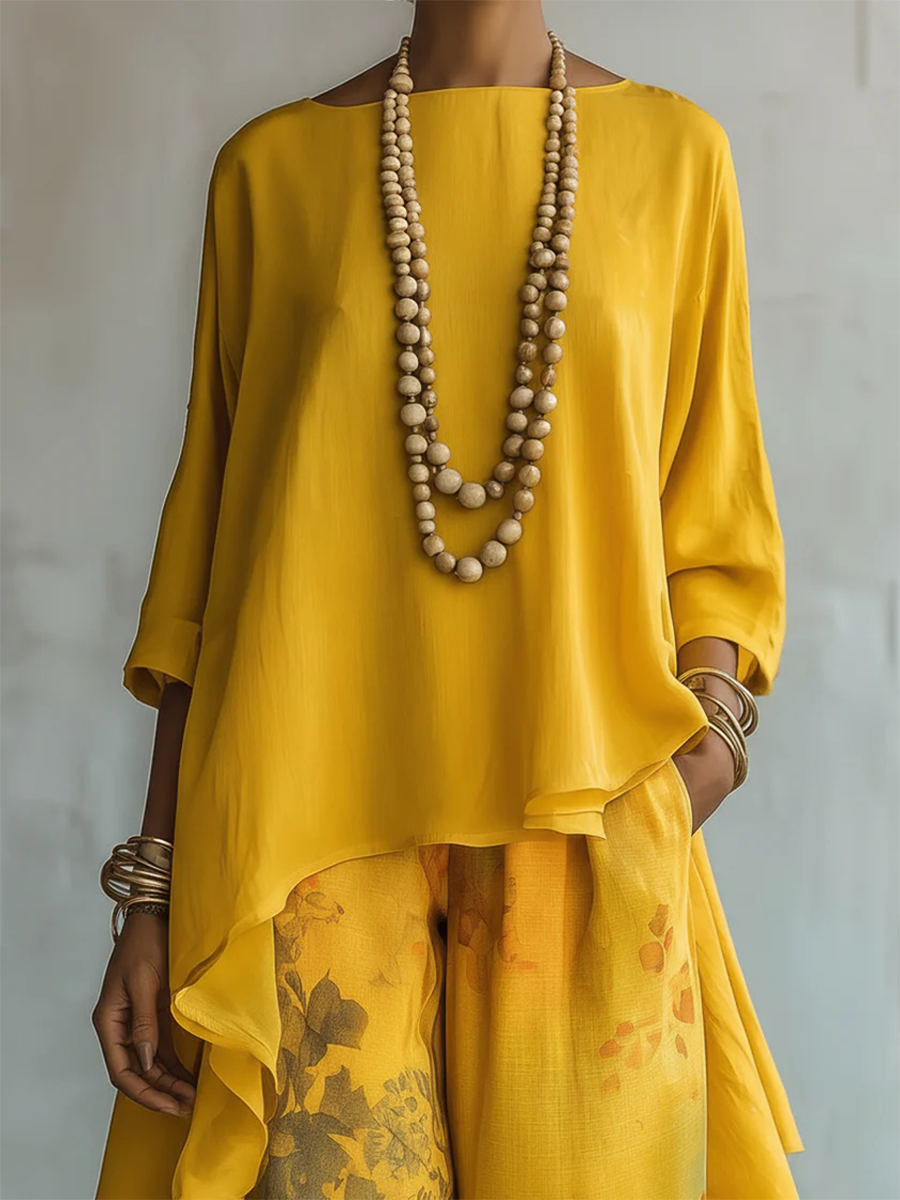 Floral Print Two-Piece Set with Long Sleeves and High-Waist Pants
