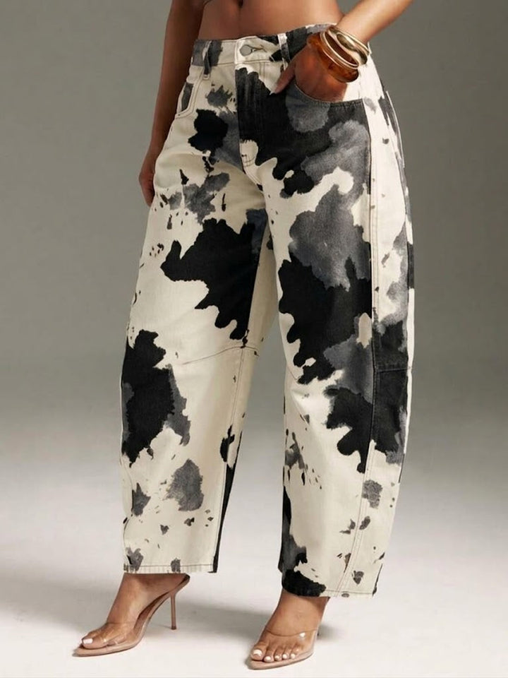 Women's High-Rise Wide-Leg Jeans with Cow-Print Design