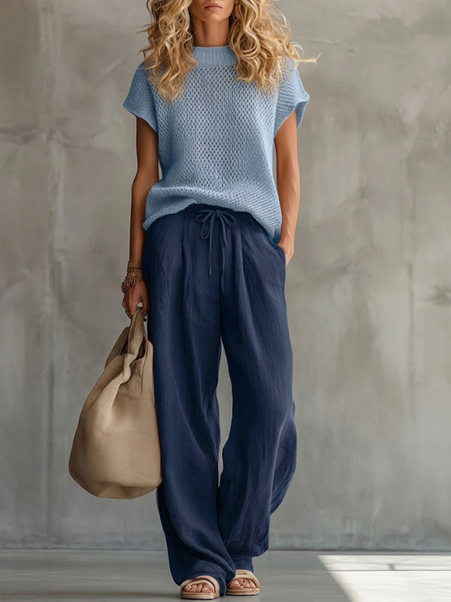 Cotton Linen Blend Two-Piece Set with Short Sleeve Top and Elastic Waist Pants