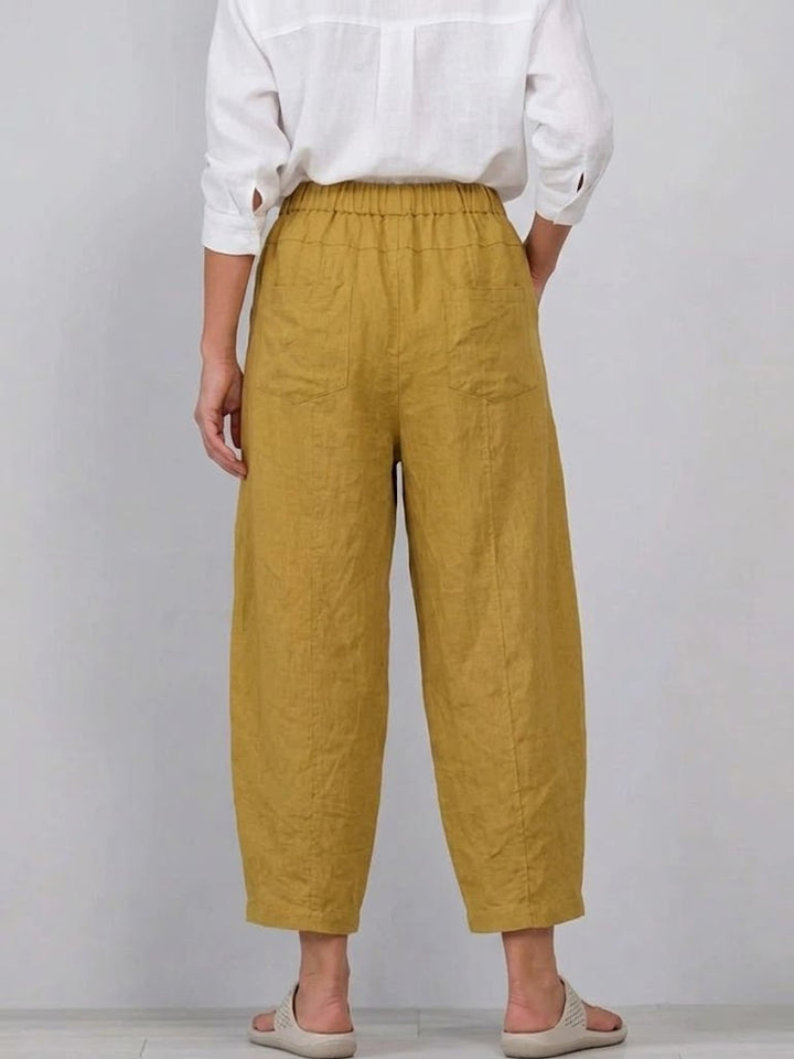 Wide-Leg Linen-Blend Trousers with Elastic Waistband and Front Pleating