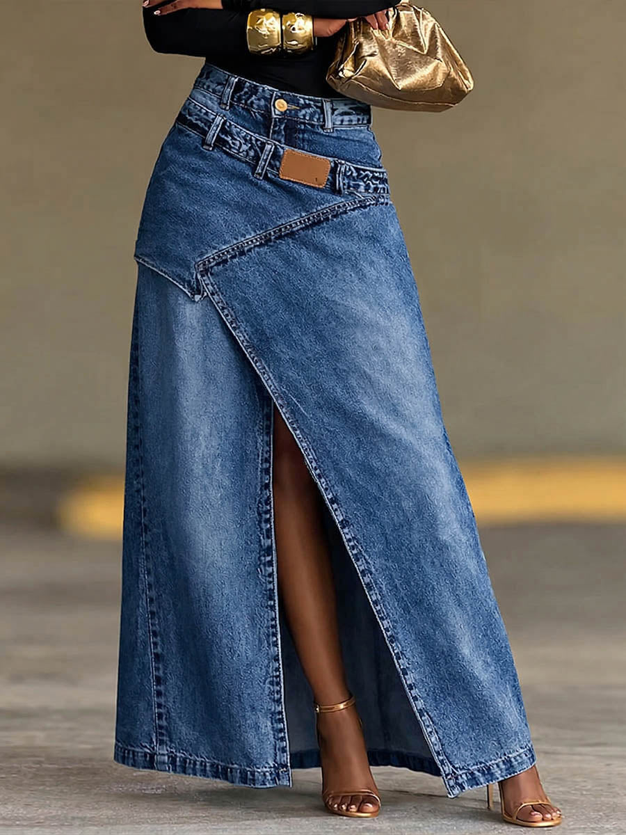 Casual Cotton Denim Skirt with High Waist and Side Pockets for Women