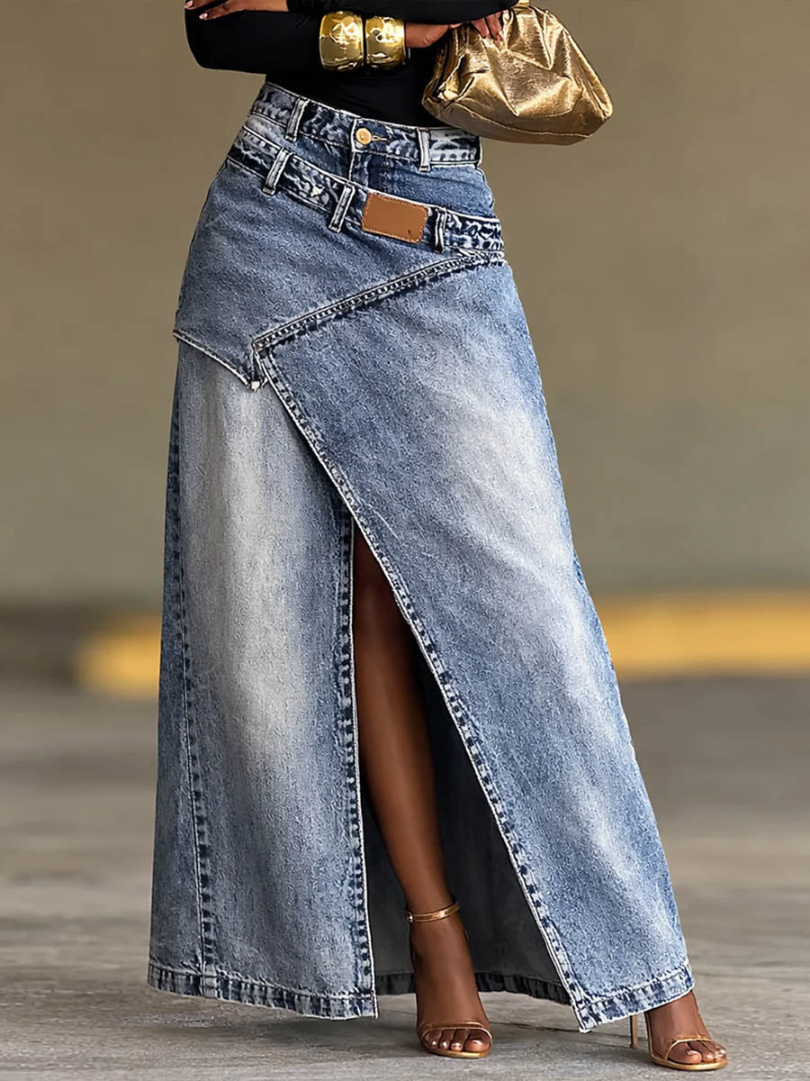 Casual Cotton Denim Skirt with High Waist and Side Pockets for Women