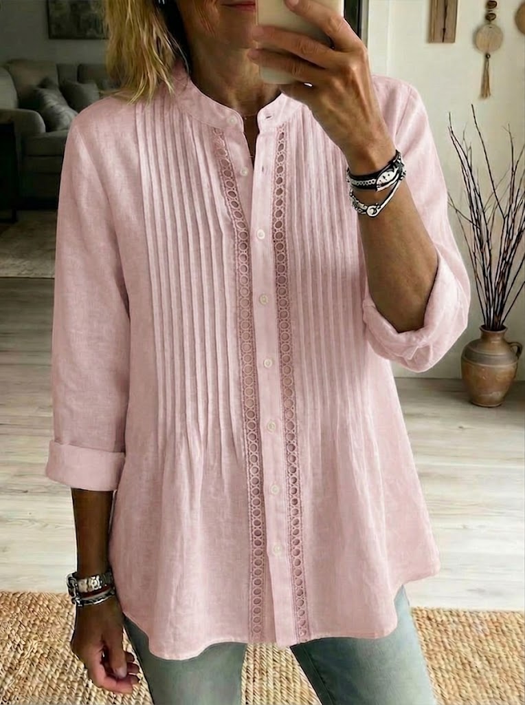 Pleated Linen Blend Shirt with Band Collar and Roll-Up Sleeves