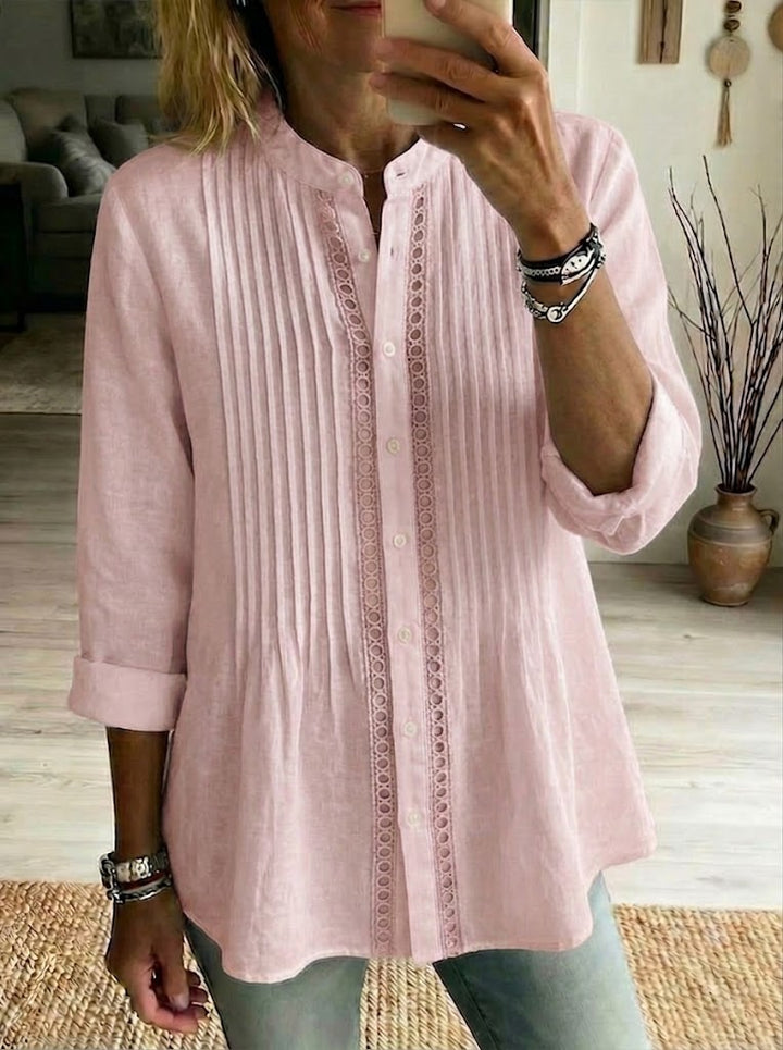 Pleated Linen Blend Shirt with Band Collar and Roll-Up Sleeves