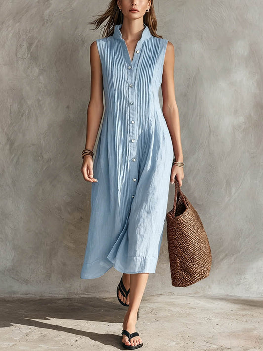 Women's Sleeveless Pleated Dress with Stand Collar and Button-Down Front