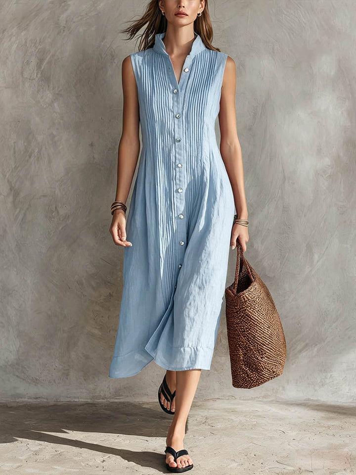 Women's Sleeveless Pleated Dress with Stand Collar and Button-Down Front