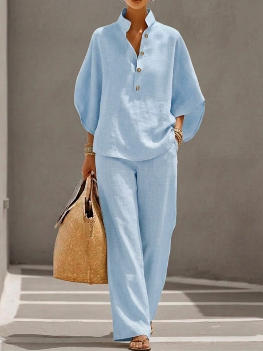 Two-Piece Linen Cotton Set with 3/4 Sleeve Shirt and Wide-Leg Trousers