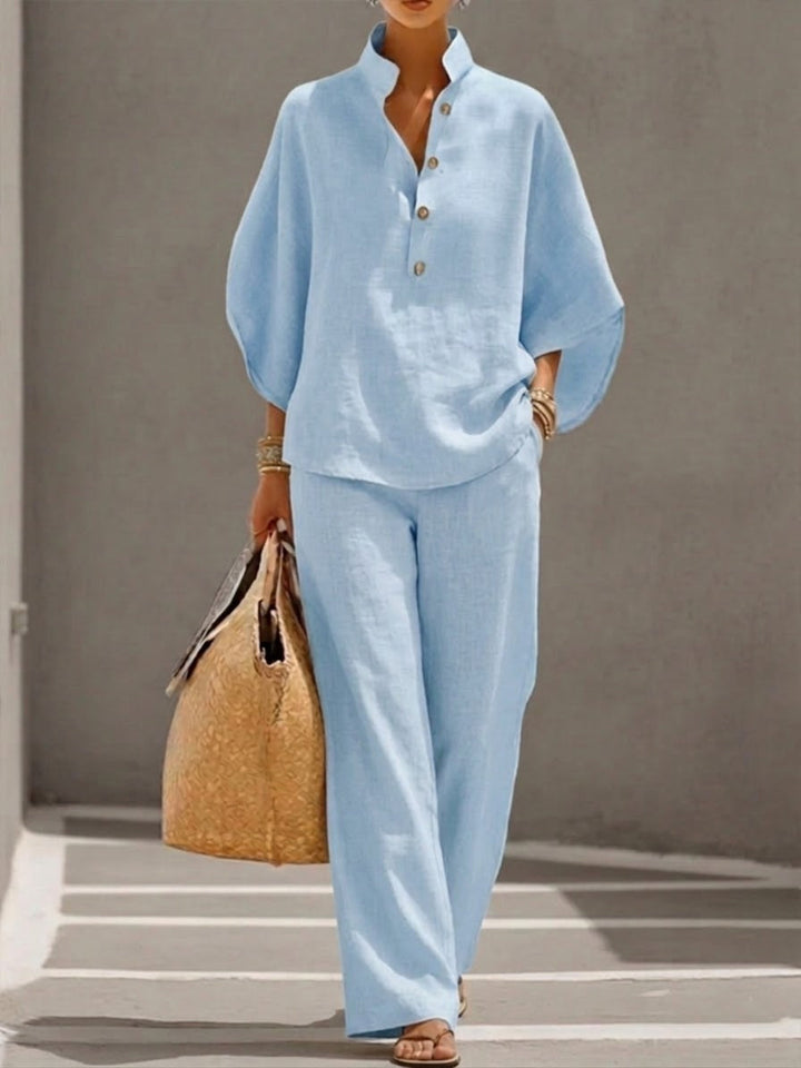 Two-Piece Linen Cotton Set with 3/4 Sleeve Shirt and Wide-Leg Trousers