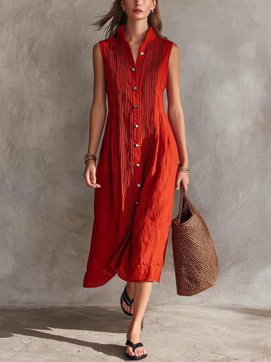 Women's Sleeveless Pleated Dress with Stand Collar and Button-Down Front