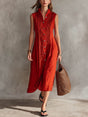 Women's Sleeveless Pleated Dress with Stand Collar and Button-Down Front