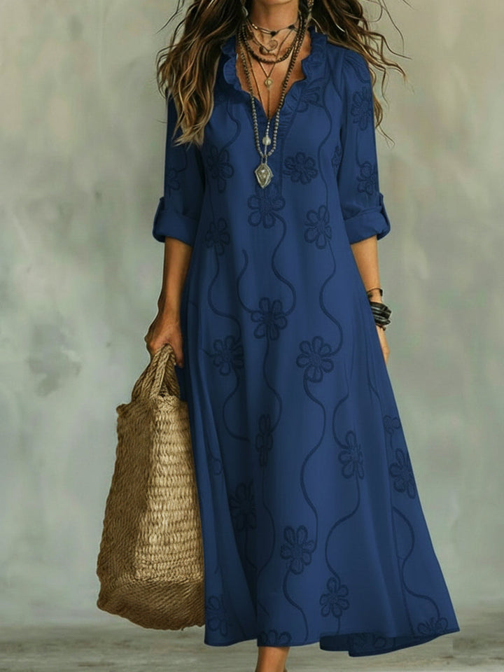 Floral Embroidered Midi Dress with V-Neck Wavy Collar and Long Sleeves