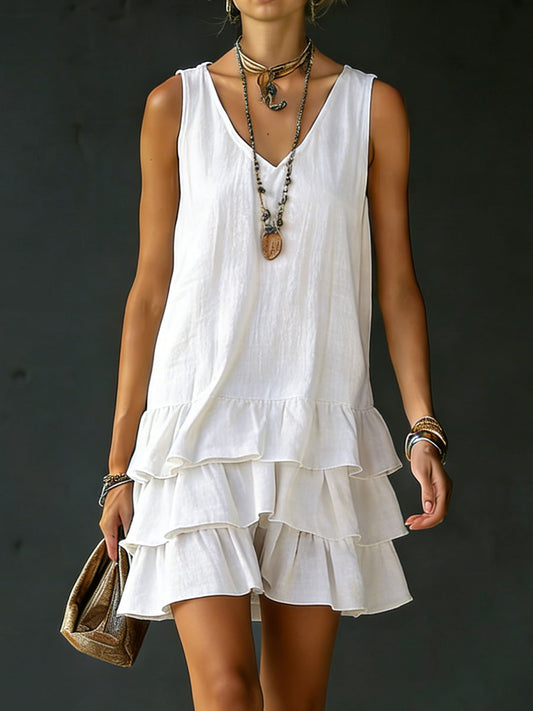 Women's V-Neck Sleeveless Dress with Natural Fiber Blend and Side Pockets