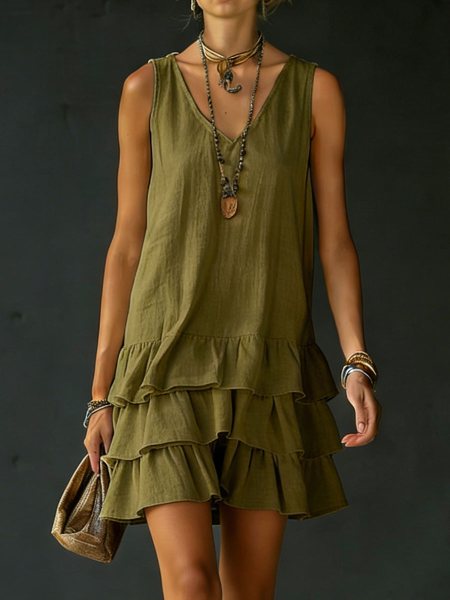 Women's V-Neck Sleeveless Dress with Natural Fiber Blend and Side Pockets