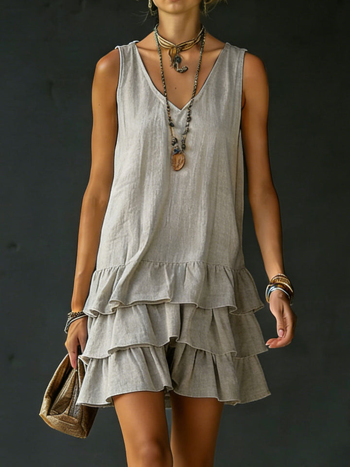 Women's V-Neck Sleeveless Dress with Natural Fiber Blend and Side Pockets