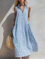 Women's V-Neck Sleeveless Dress with Cotton-Linen Blend and Side Pockets